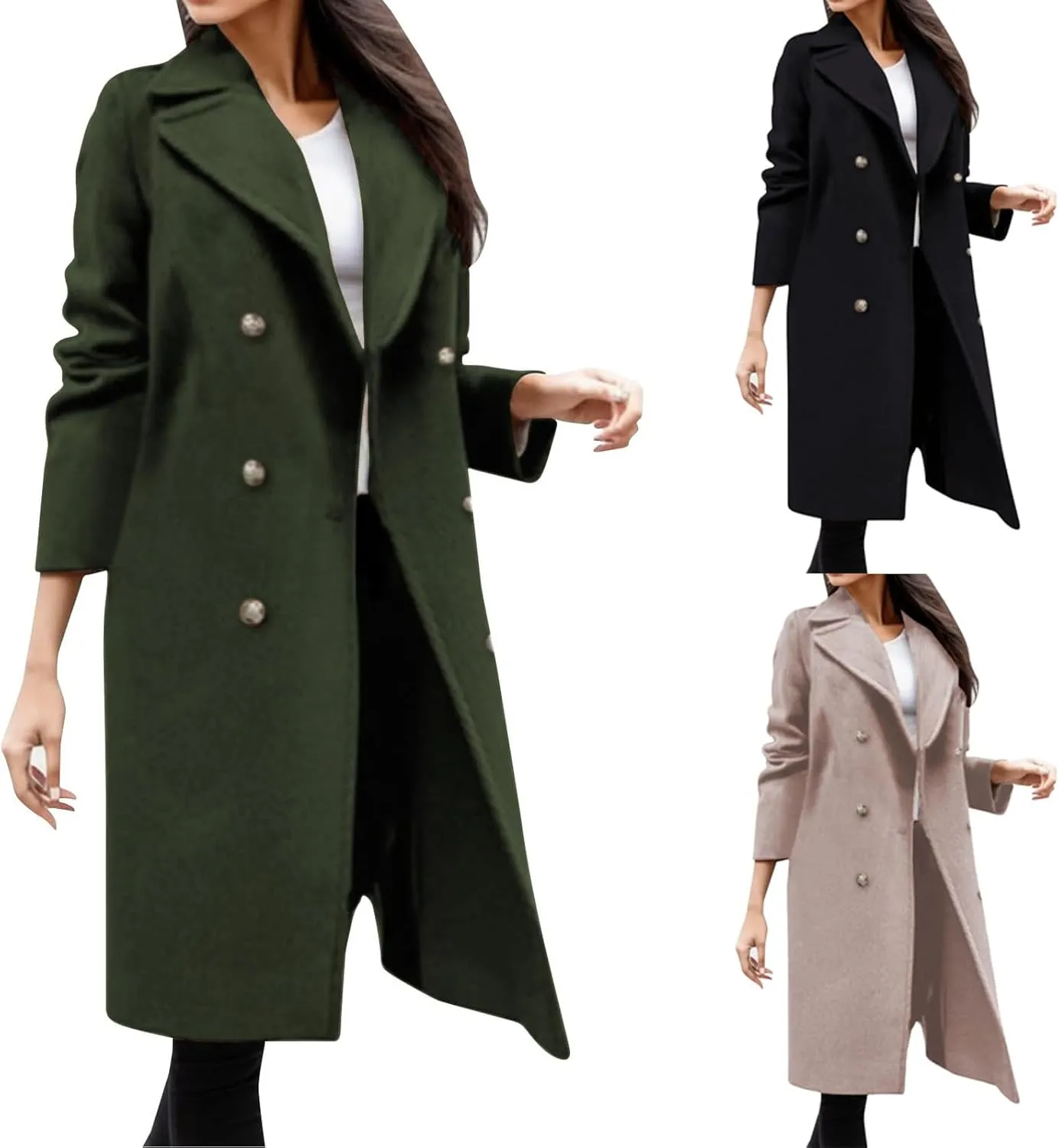 Trench Coats for Women 2024 Casual Notched Lapel Long Winter Coats Singe-Breasted Wool Blend Pea Coat Outwear