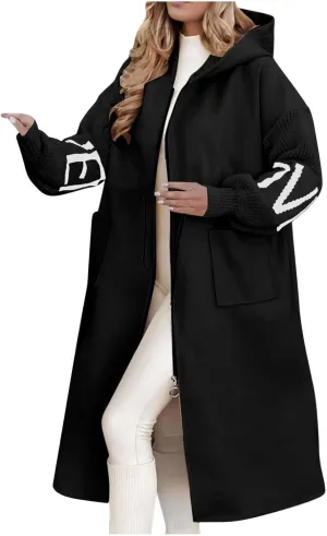 Trench Coats for Women Fashion Letter Knitted Patchwork Hooded Jackets Pocket Casual Zipper Drawstring Long Overcoat
