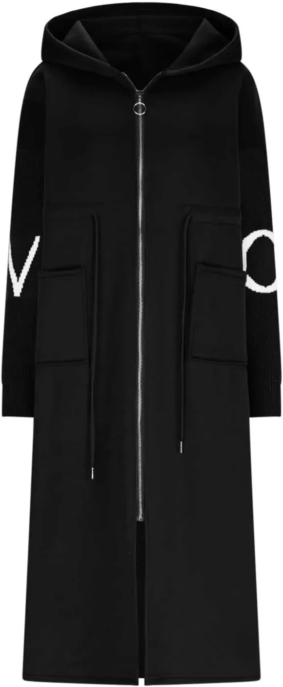 Trench Coats for Women Fashion Letter Knitted Patchwork Hooded Jackets Pocket Casual Zipper Drawstring Long Overcoat