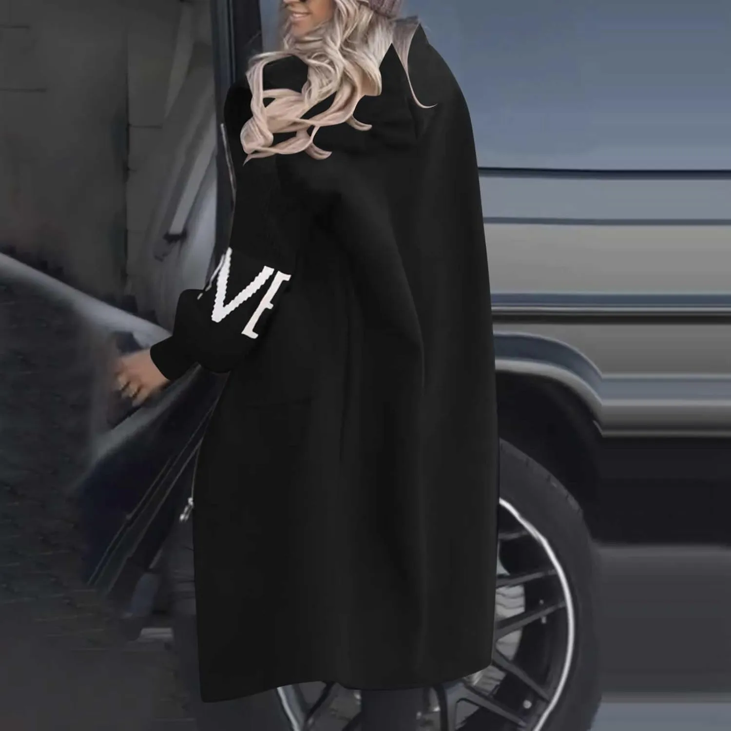 Trench Coats for Women Fashion Letter Knitted Patchwork Hooded Jackets Pocket Casual Zipper Drawstring Long Overcoat