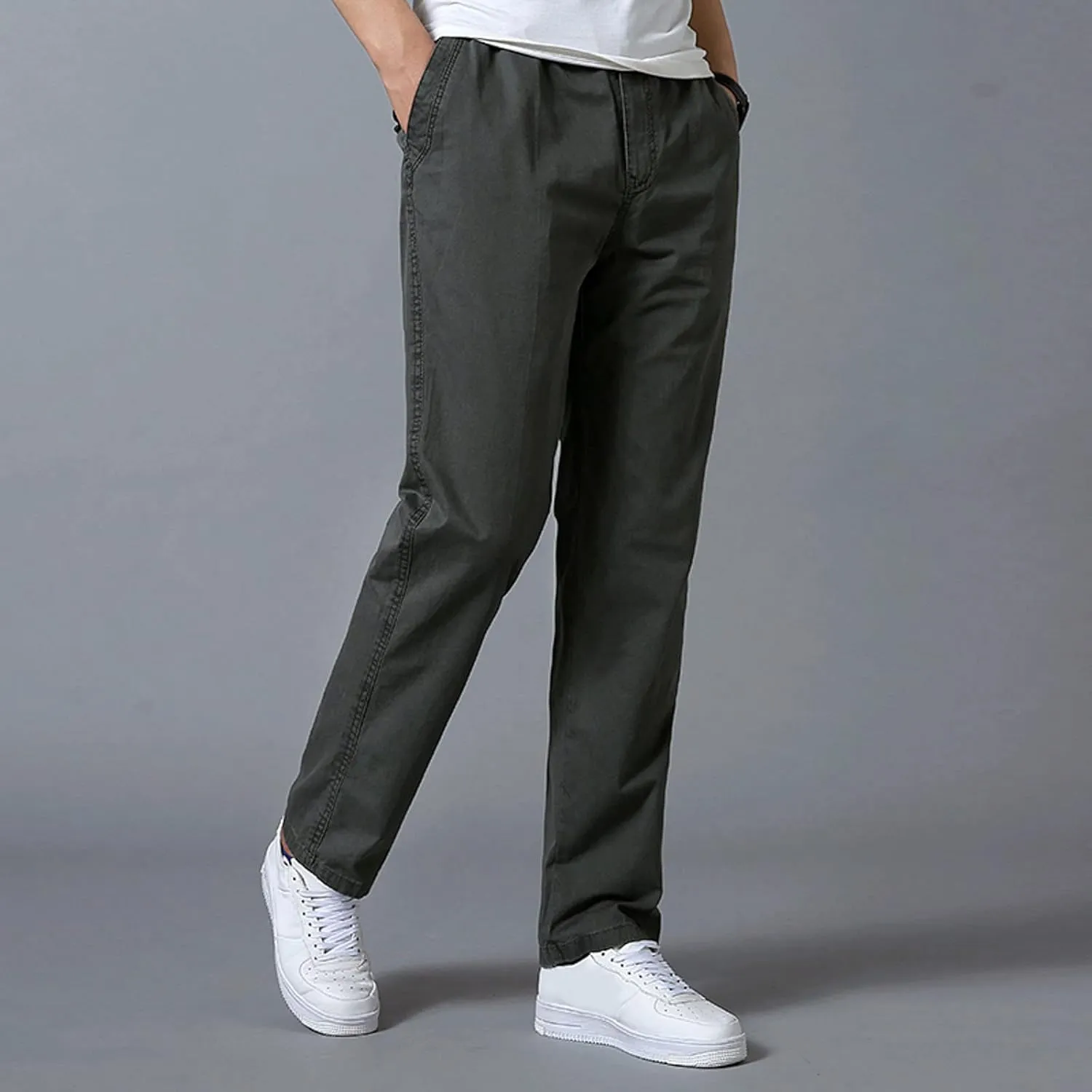 Trendy Solid Color Strech Chino Pants for Men Cotton Soft Lightweight Slim Fit Open Bottom High Waist Cargo Trousers