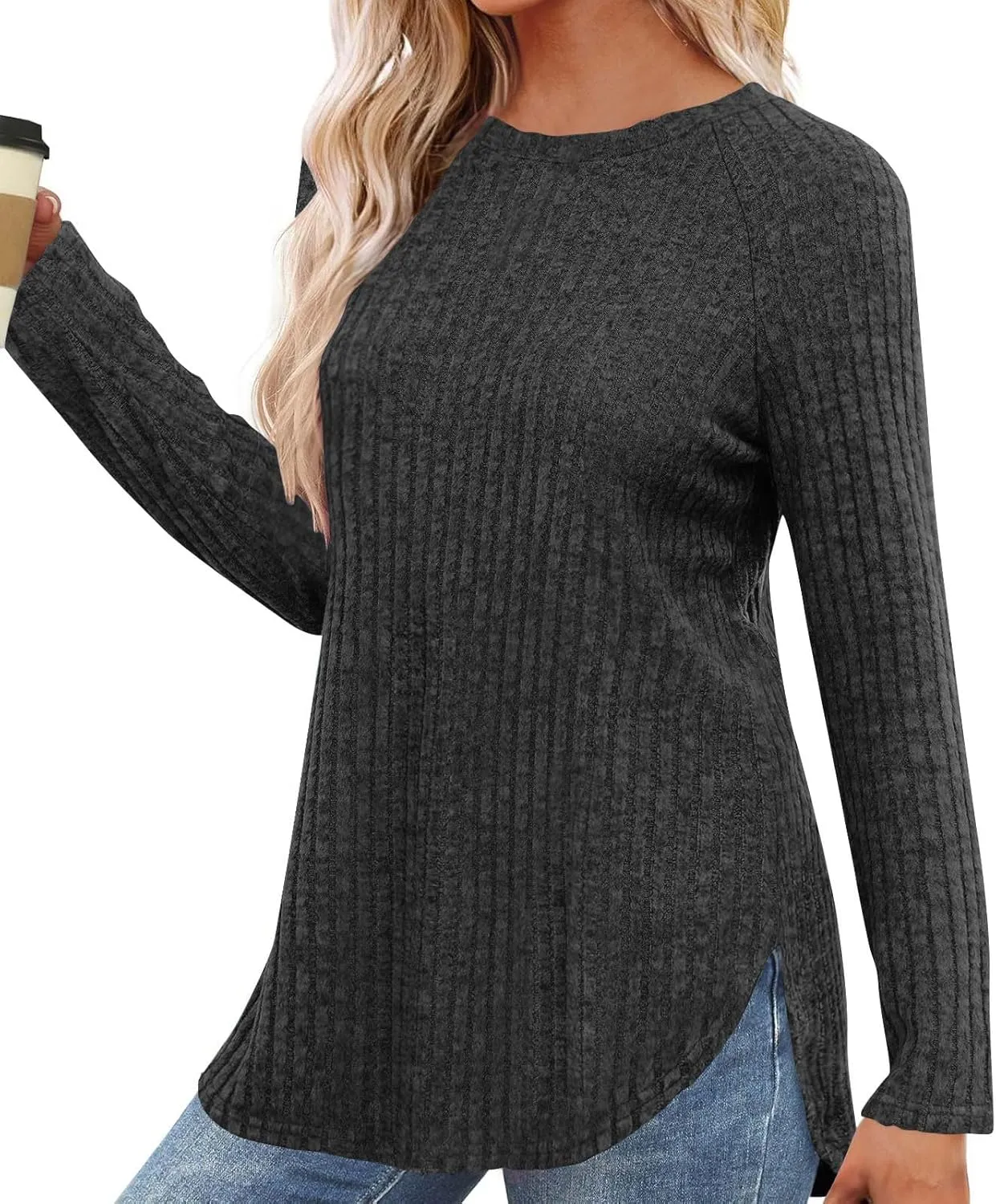 Tunic Sweaters for Women Long Sleeve Loose Fit Shirts Crewneck Pullover Tops Dressy Ribbed Curved Hem Sweaters