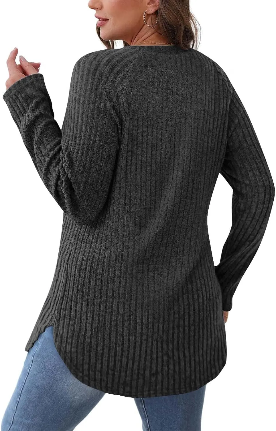 Tunic Sweaters for Women Long Sleeve Loose Fit Shirts Crewneck Pullover Tops Dressy Ribbed Curved Hem Sweaters