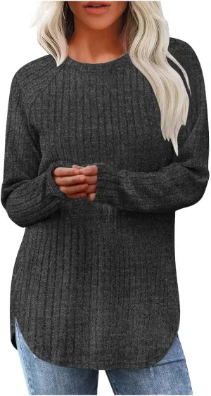 Tunic Sweaters for Women Long Sleeve Loose Fit Shirts Crewneck Pullover Tops Dressy Ribbed Curved Hem Sweaters