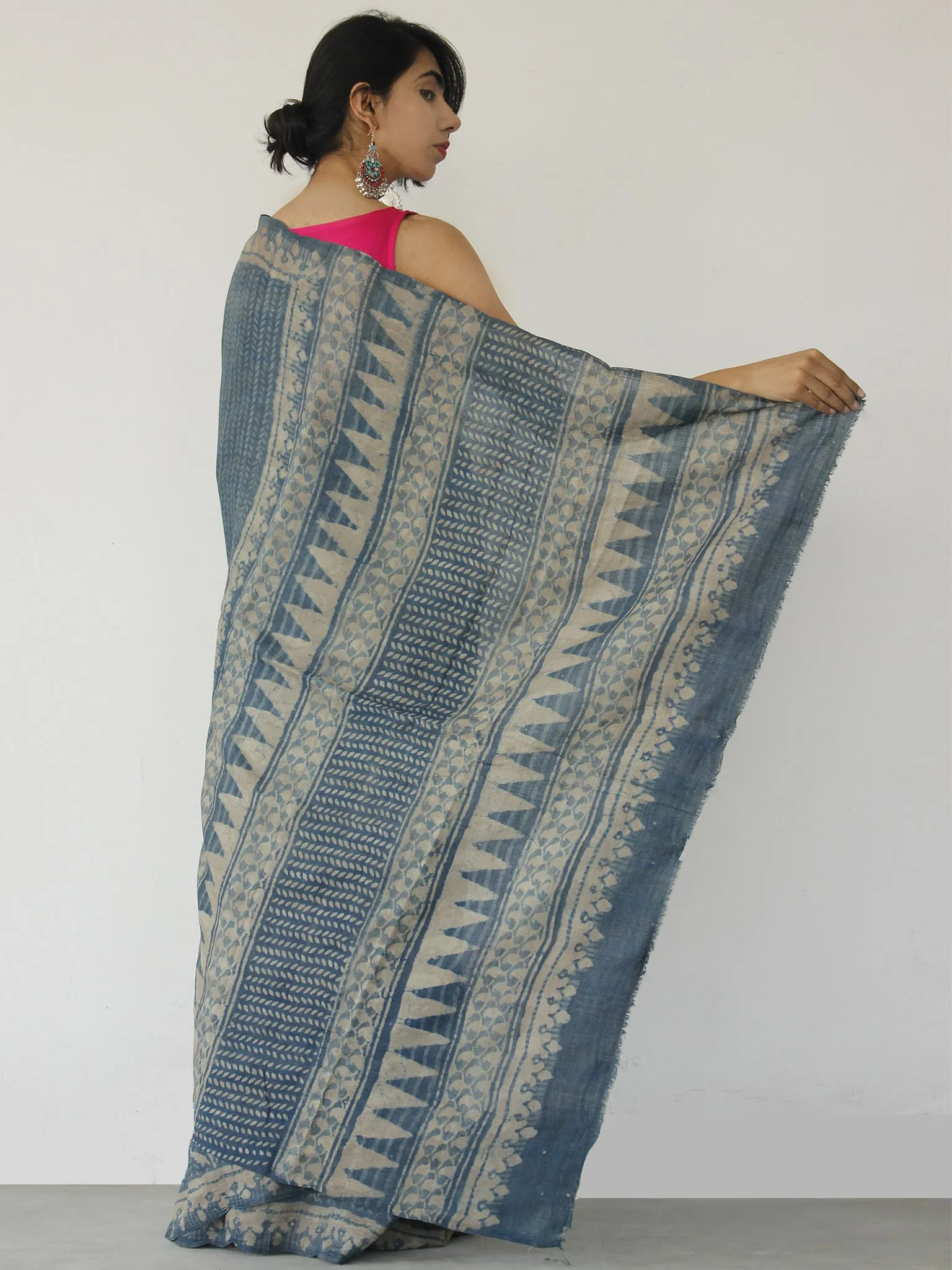 Tussar Handloom Silk Hand Block Printed Saree in Metallic Blue Beige - S031702544