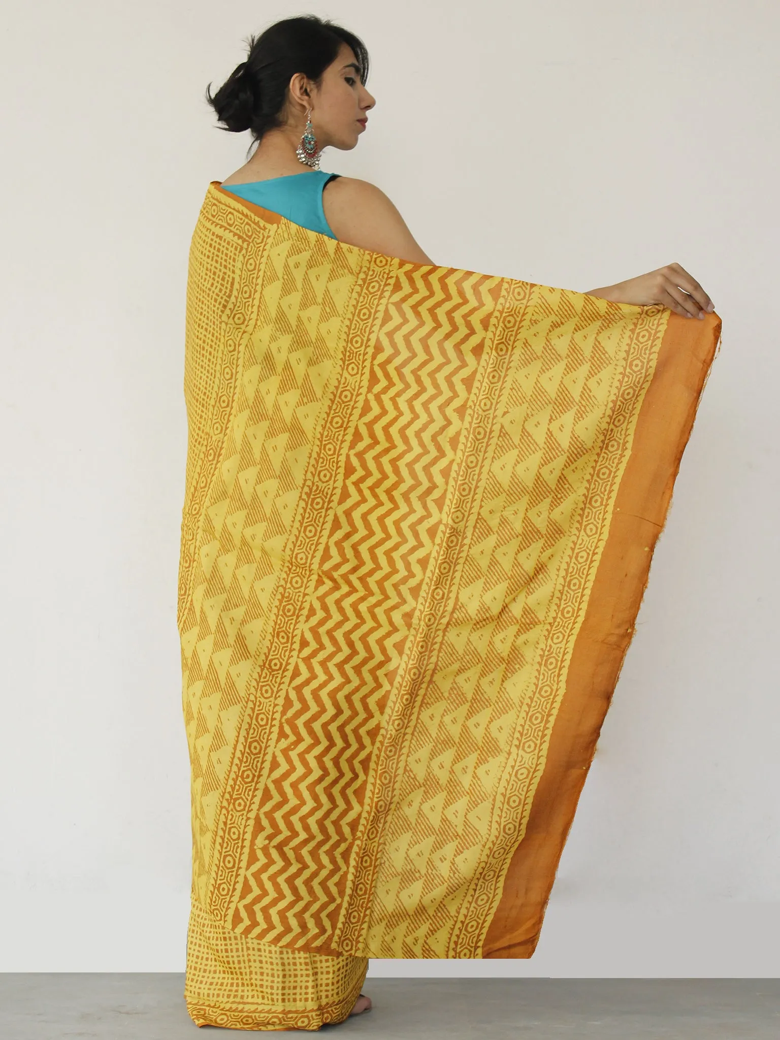 Tussar Handloom Silk Hand Block Printed Saree in Yellow Rust - S031702551
