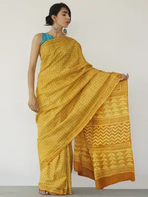 Tussar Handloom Silk Hand Block Printed Saree in Yellow Rust - S031702551