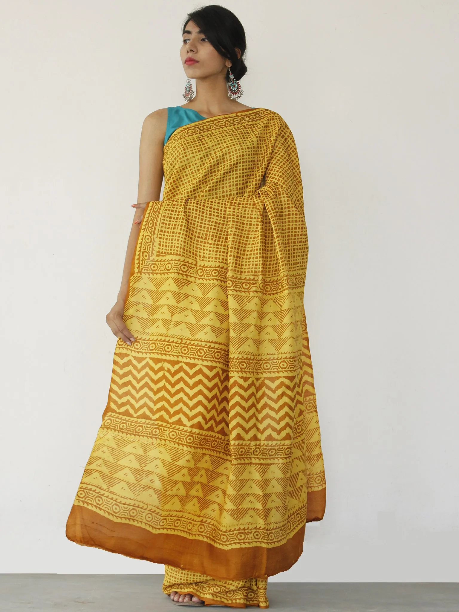 Tussar Handloom Silk Hand Block Printed Saree in Yellow Rust - S031702551