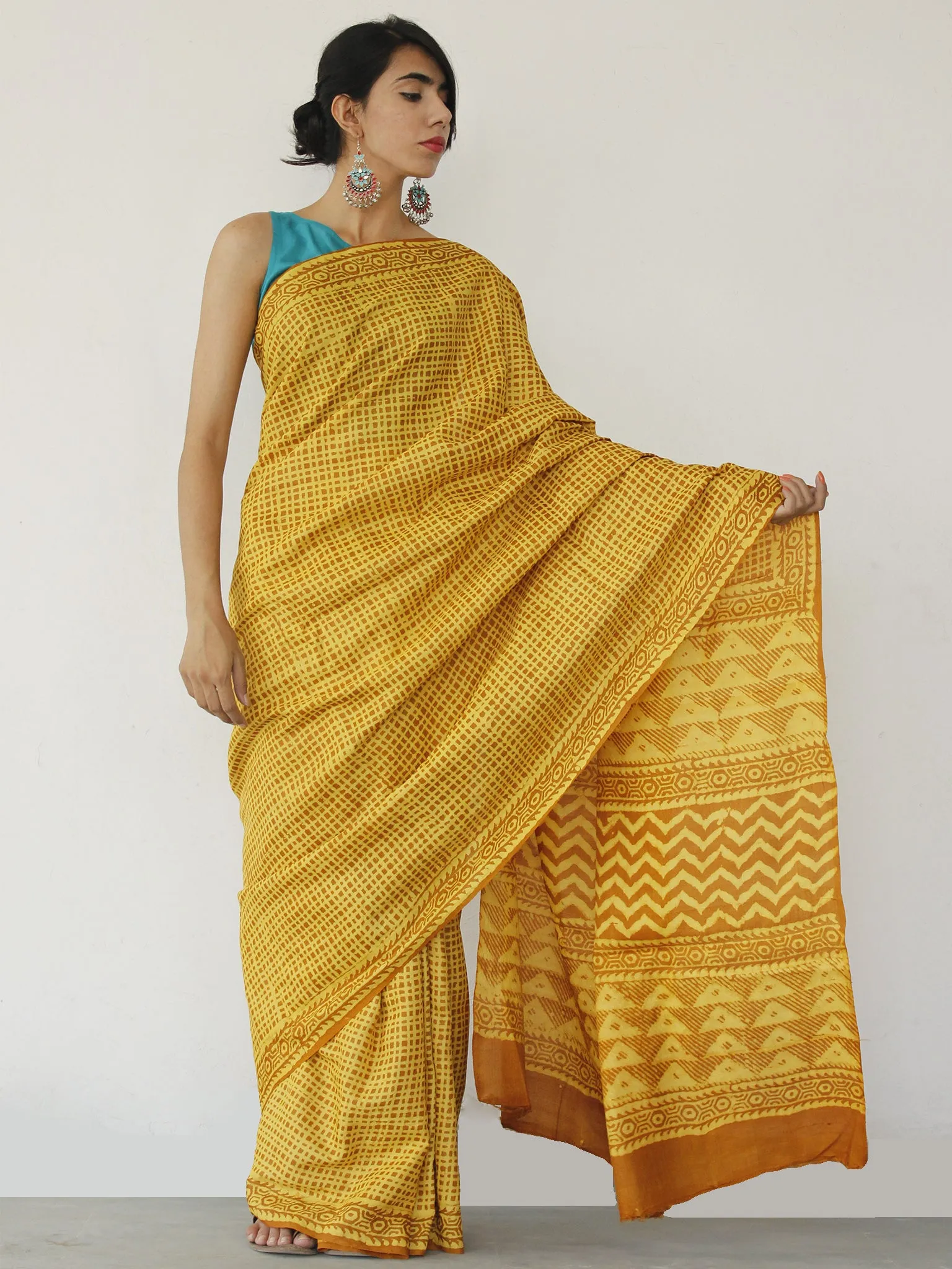 Tussar Handloom Silk Hand Block Printed Saree in Yellow Rust - S031702551