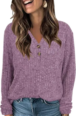 V Neck Sweaters for Women Long Sleeve Tunic Tops Knitted Casual Loose Pullover Sweaters
