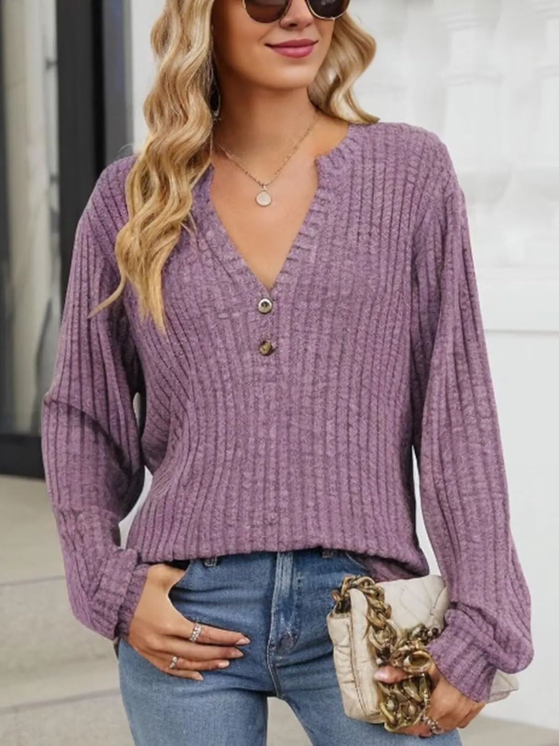 V Neck Sweaters for Women Long Sleeve Tunic Tops Knitted Casual Loose Pullover Sweaters