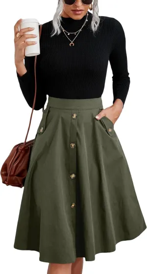 Verdusa Women Casual Button Closure A-Line High Waisted Flared Knee Length Skirt