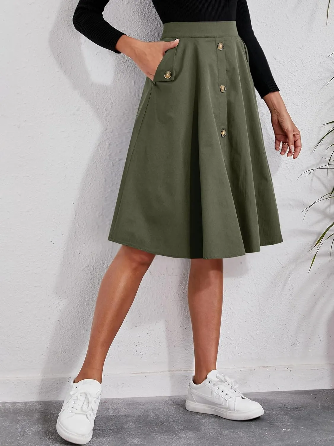 Verdusa Women Casual Button Closure A-Line High Waisted Flared Knee Length Skirt