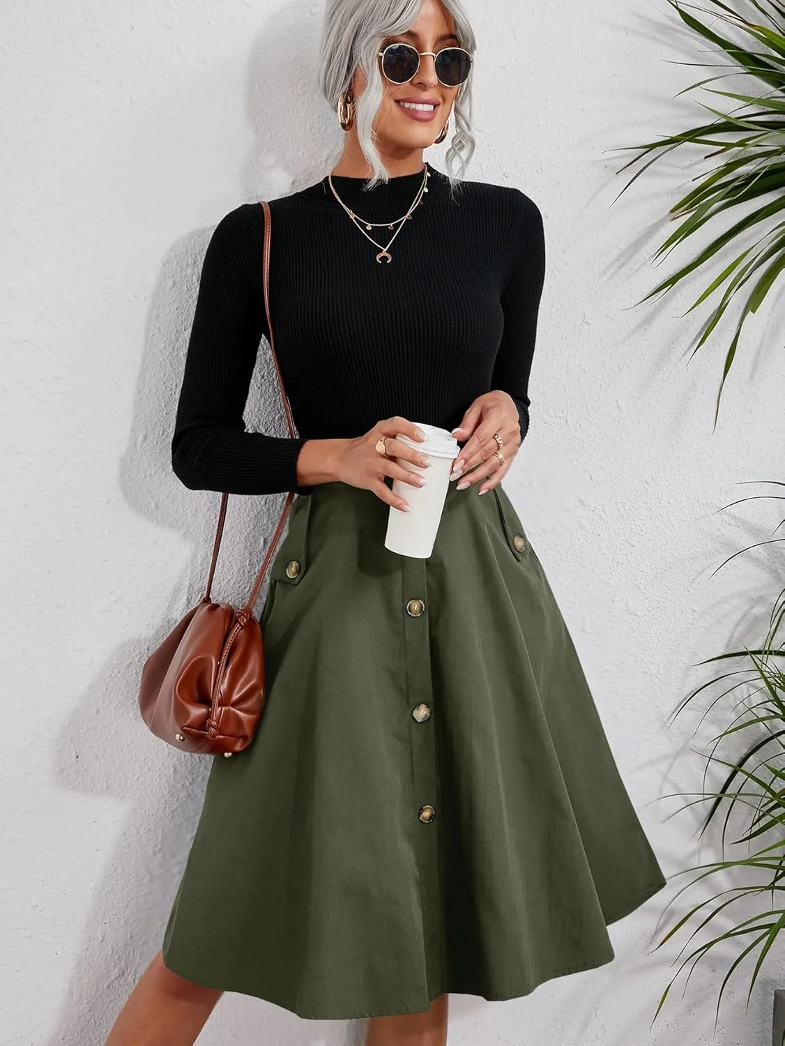 Verdusa Women Casual Button Closure A-Line High Waisted Flared Knee Length Skirt