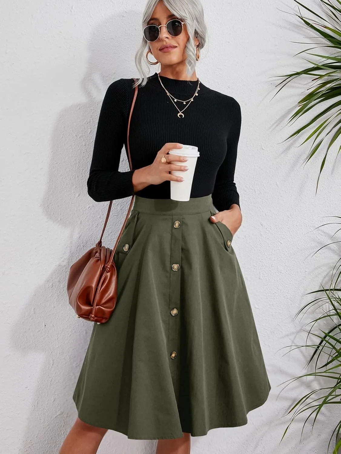 Verdusa Women Casual Button Closure A-Line High Waisted Flared Knee Length Skirt