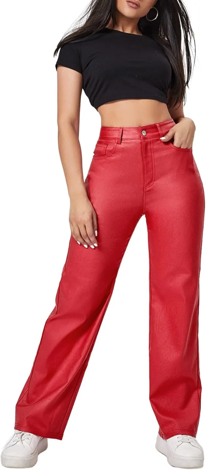 Verdusa Women's High Waist Leather Leggings Pocket Straight Wide Leg PU Pants