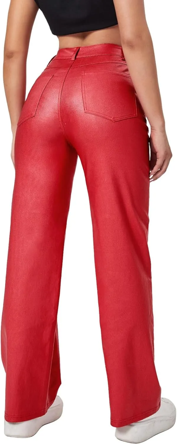 Verdusa Women's High Waist Leather Leggings Pocket Straight Wide Leg PU Pants