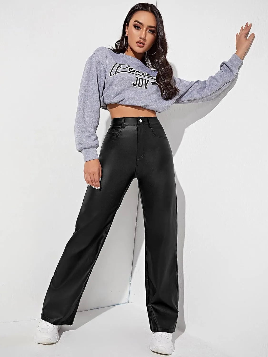 Verdusa Women's High Waist Leather Leggings Pocket Straight Wide Leg PU Pants