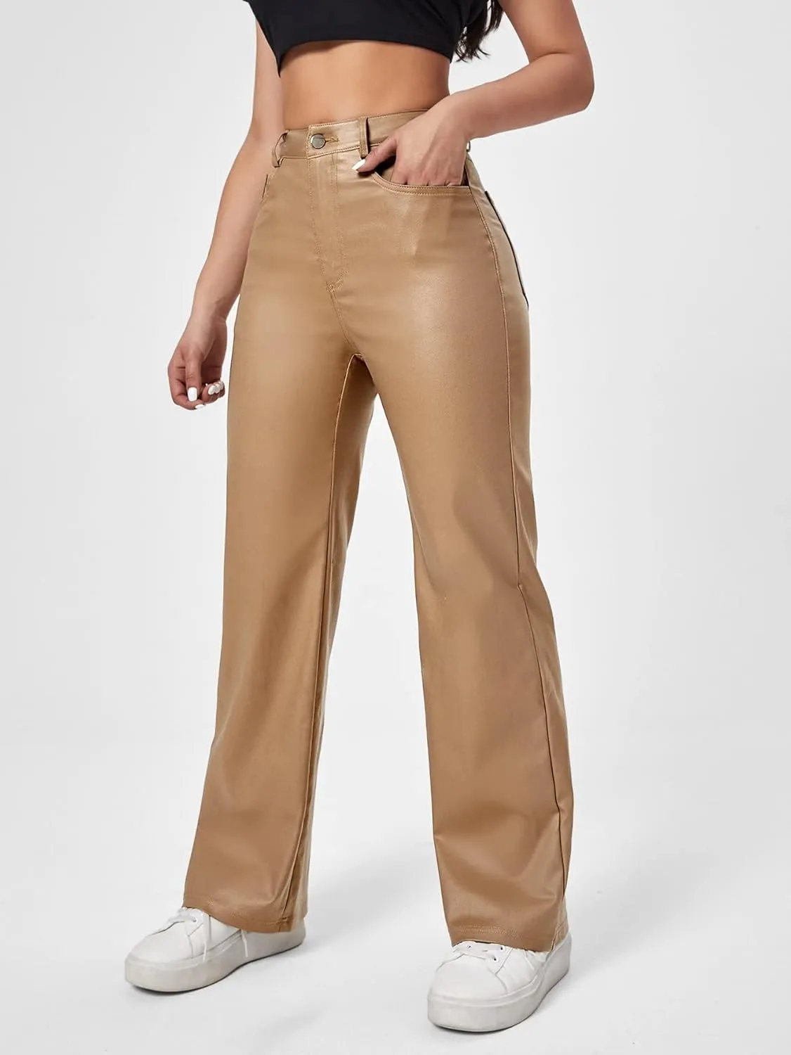 Verdusa Women's High Waist Leather Leggings Pocket Straight Wide Leg PU Pants
