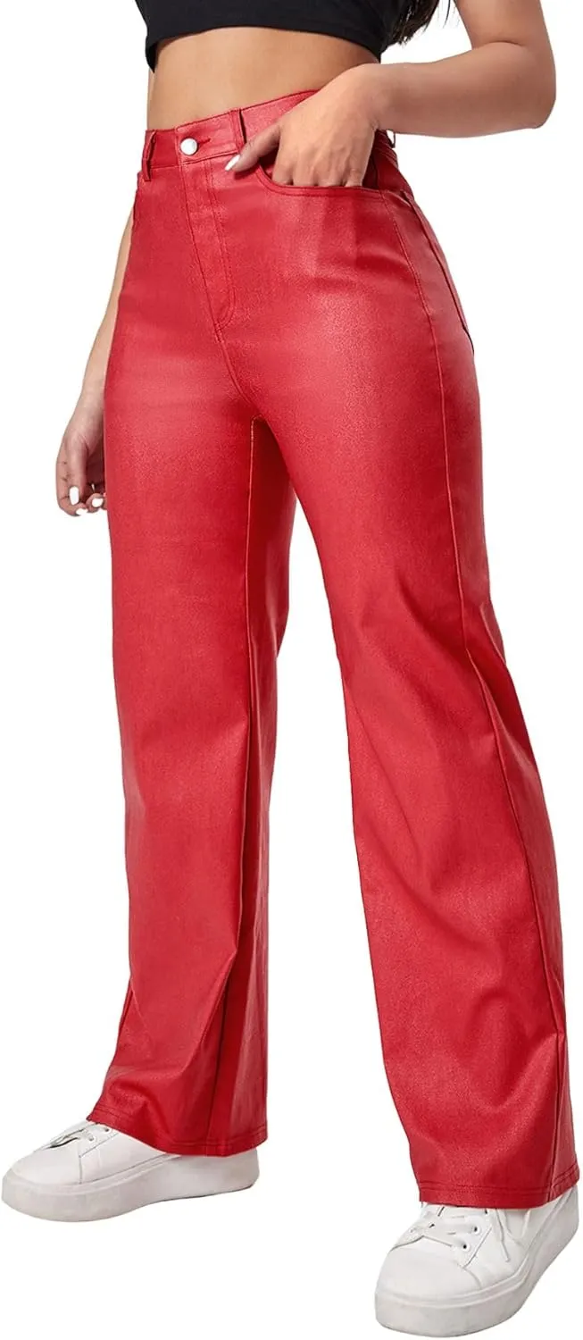 Verdusa Women's High Waist Leather Leggings Pocket Straight Wide Leg PU Pants