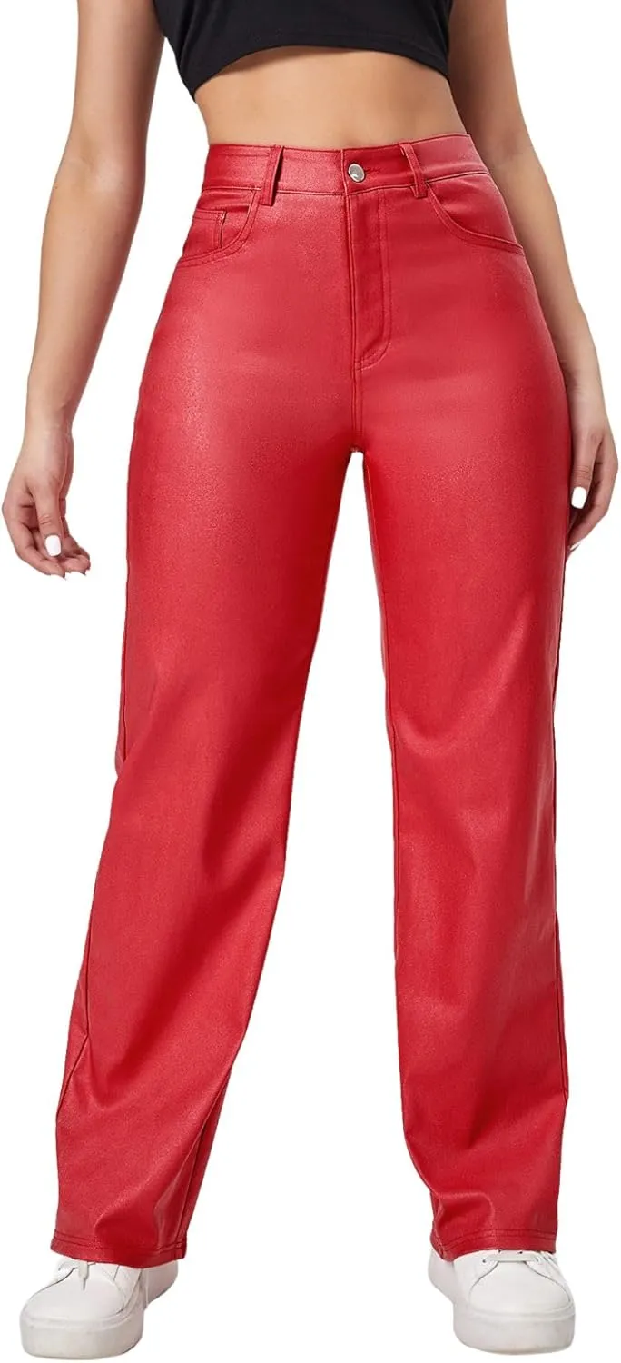 Verdusa Women's High Waist Leather Leggings Pocket Straight Wide Leg PU Pants