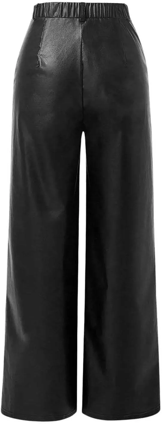 Verdusa Women's High Waist Leather Leggings Pocket Straight Wide Leg PU Pants