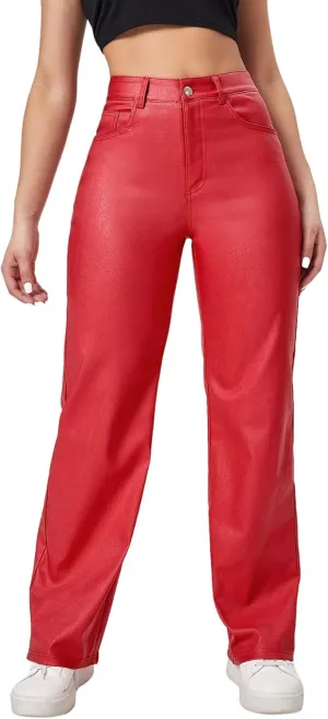 Verdusa Women's High Waist Leather Leggings Pocket Straight Wide Leg PU Pants