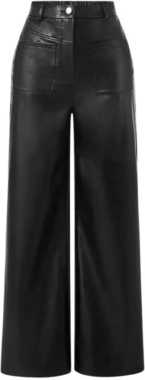 Verdusa Women's High Waist Leather Leggings Pocket Straight Wide Leg PU Pants