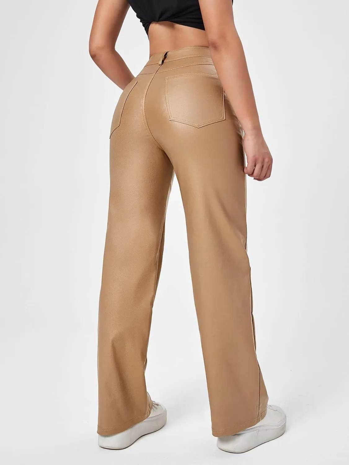 Verdusa Women's High Waist Leather Leggings Pocket Straight Wide Leg PU Pants