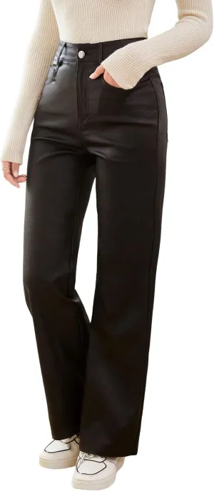 Verdusa Women's High Waist Leather Leggings Pocket Straight Wide Leg PU Pants