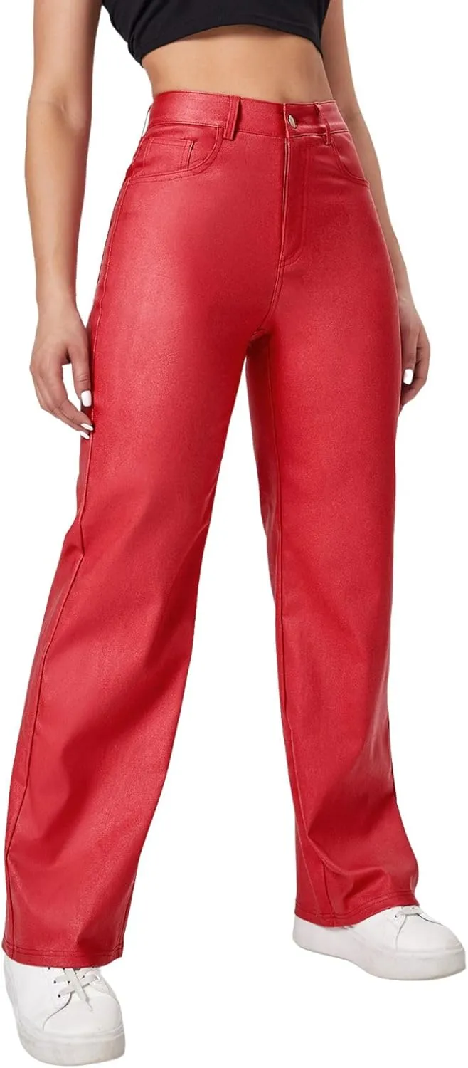 Verdusa Women's High Waist Leather Leggings Pocket Straight Wide Leg PU Pants