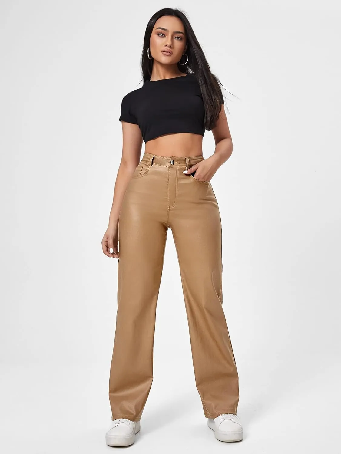 Verdusa Women's High Waist Leather Leggings Pocket Straight Wide Leg PU Pants