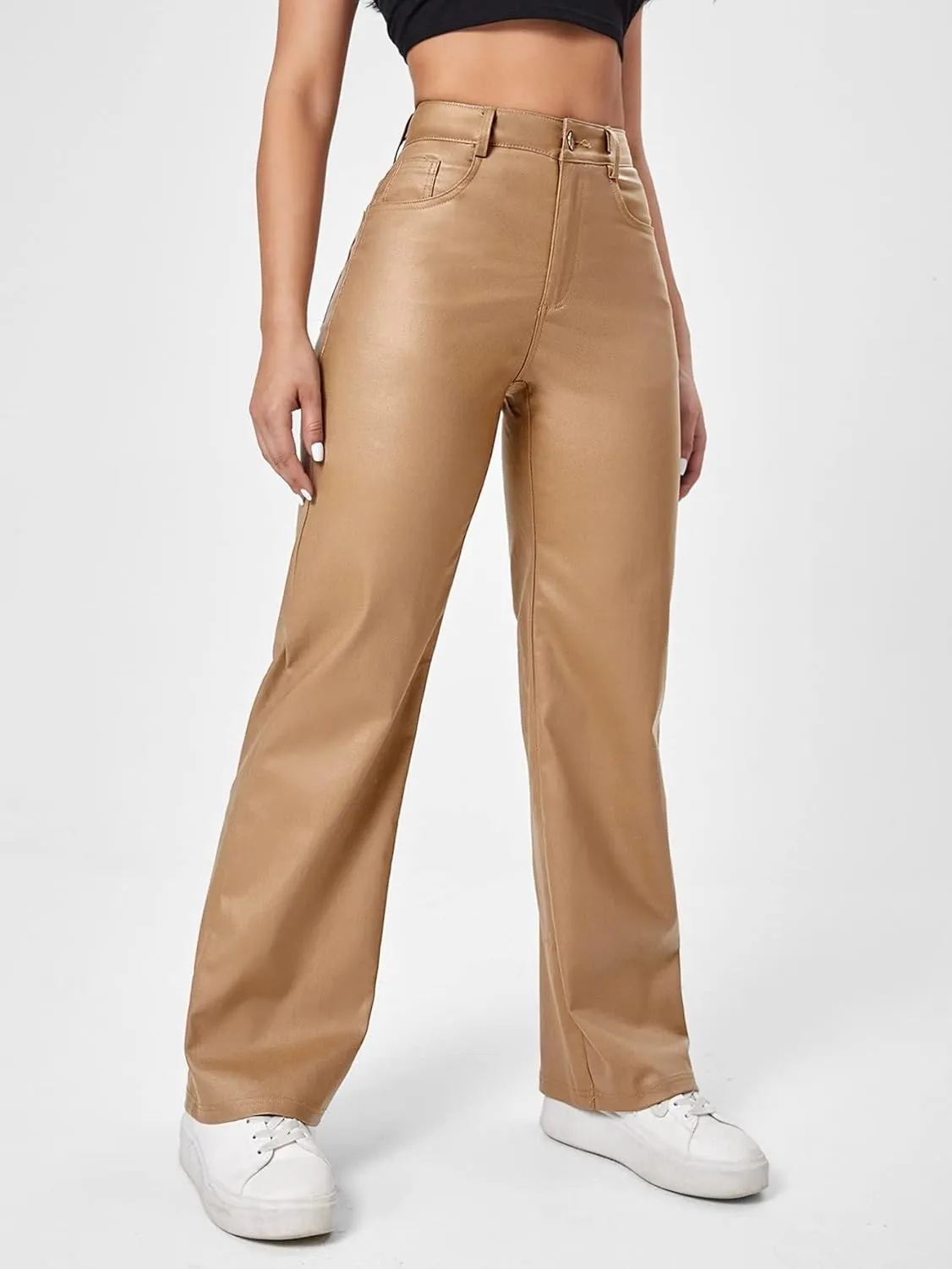 Verdusa Women's High Waist Leather Leggings Pocket Straight Wide Leg PU Pants