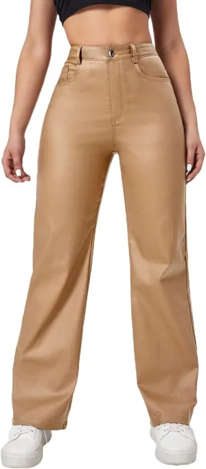 Verdusa Women's High Waist Leather Leggings Pocket Straight Wide Leg PU Pants