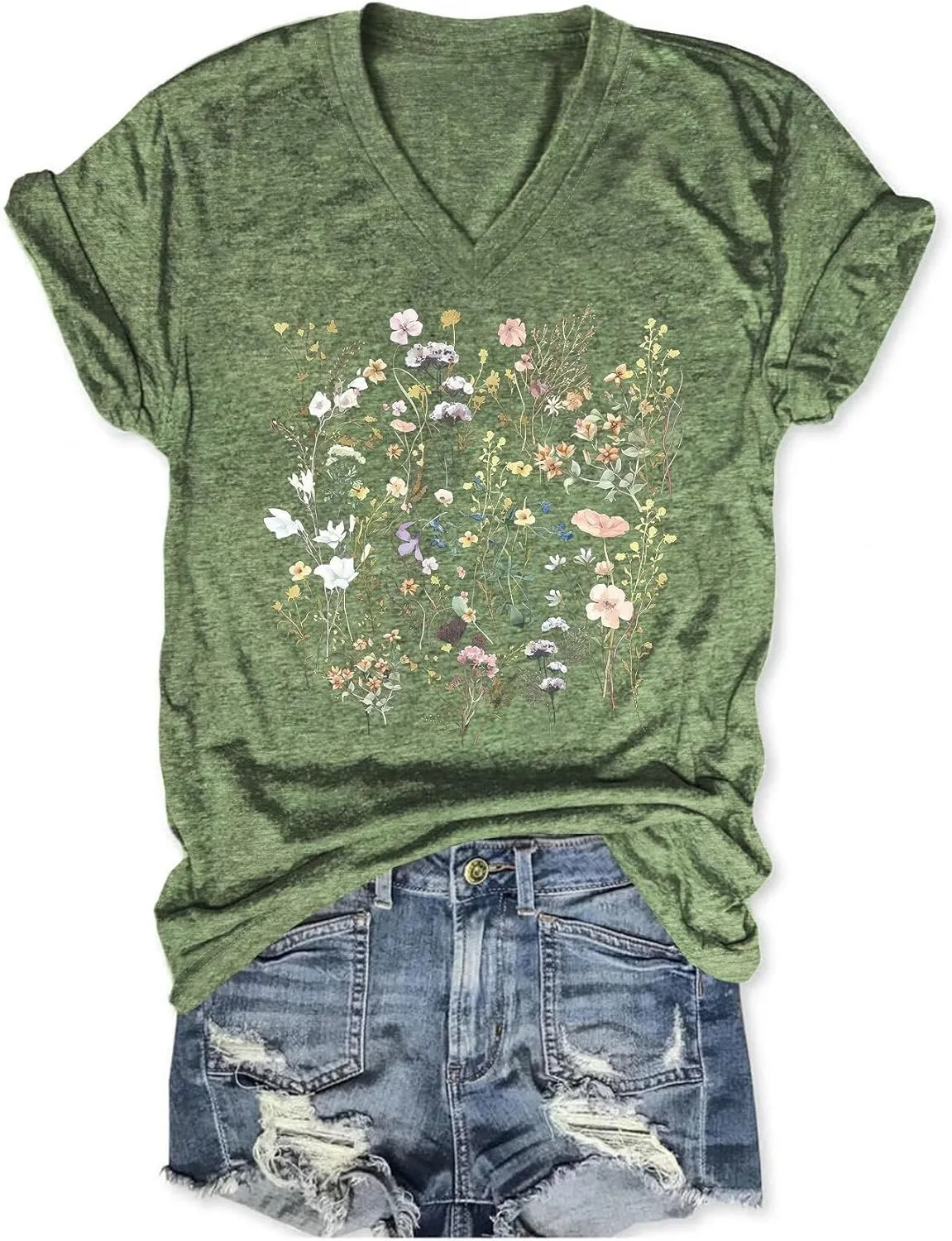 Vintage Wildflowers Graphic Shirt Women's Casual Holiday Short Sleeved T-Shirt Boho Floral Printed Tee Fall Tops