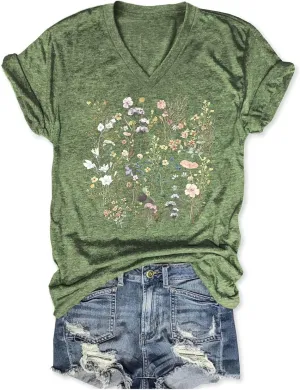 Vintage Wildflowers Graphic Shirt Women's Casual Holiday Short Sleeved T-Shirt Boho Floral Printed Tee Fall Tops