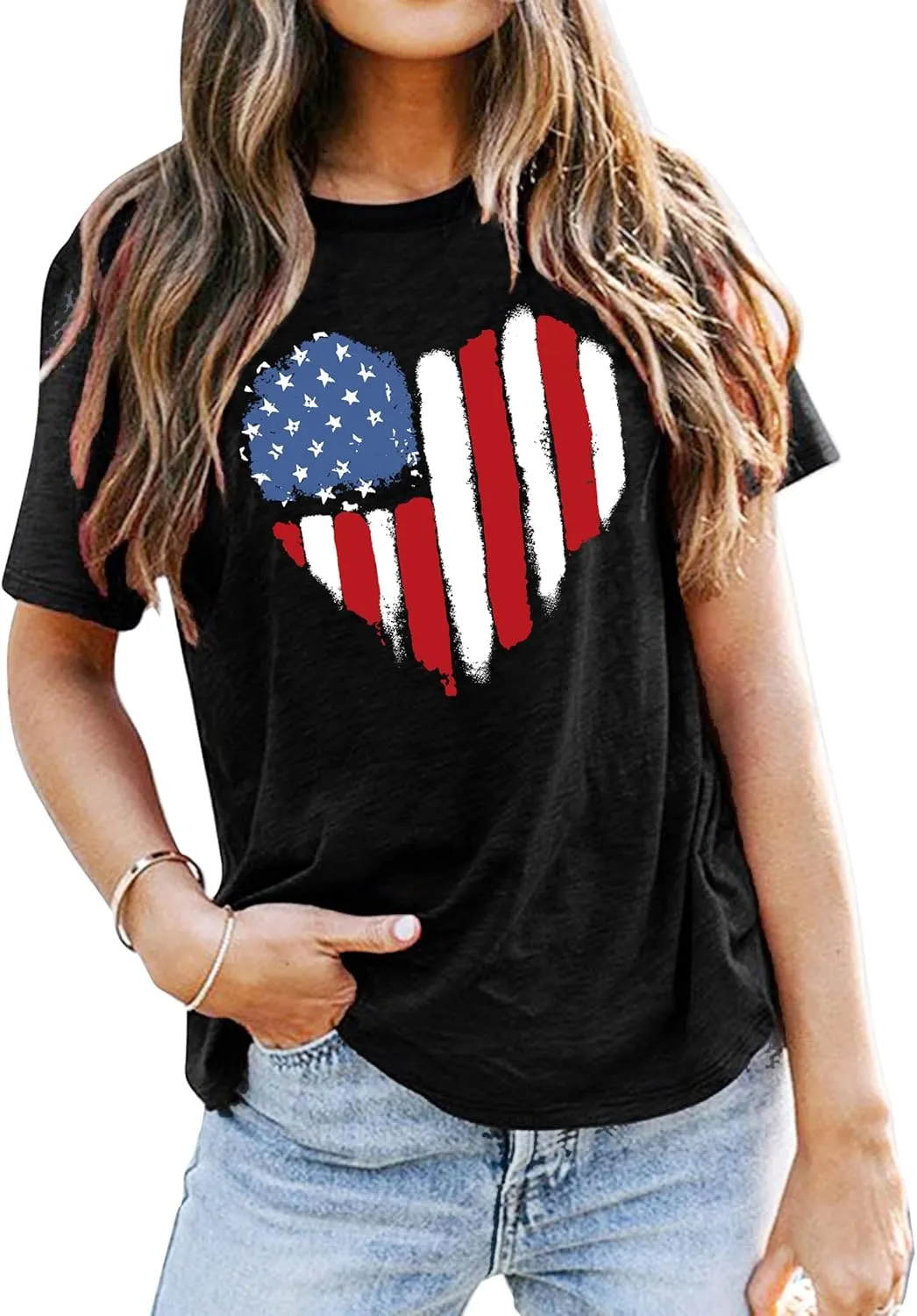 VVNTY American Flag Heart Shirt Women Patriotic T-Shirt 4th of July Graphic Tees Shirts USA Flag Star Stripe Tops