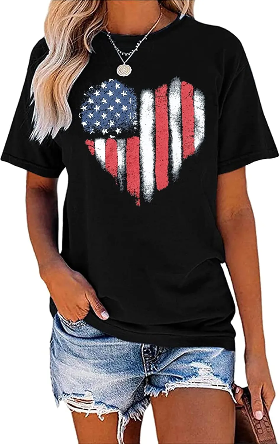 VVNTY American Flag Heart Shirt Women Patriotic T-Shirt 4th of July Graphic Tees Shirts USA Flag Star Stripe Tops