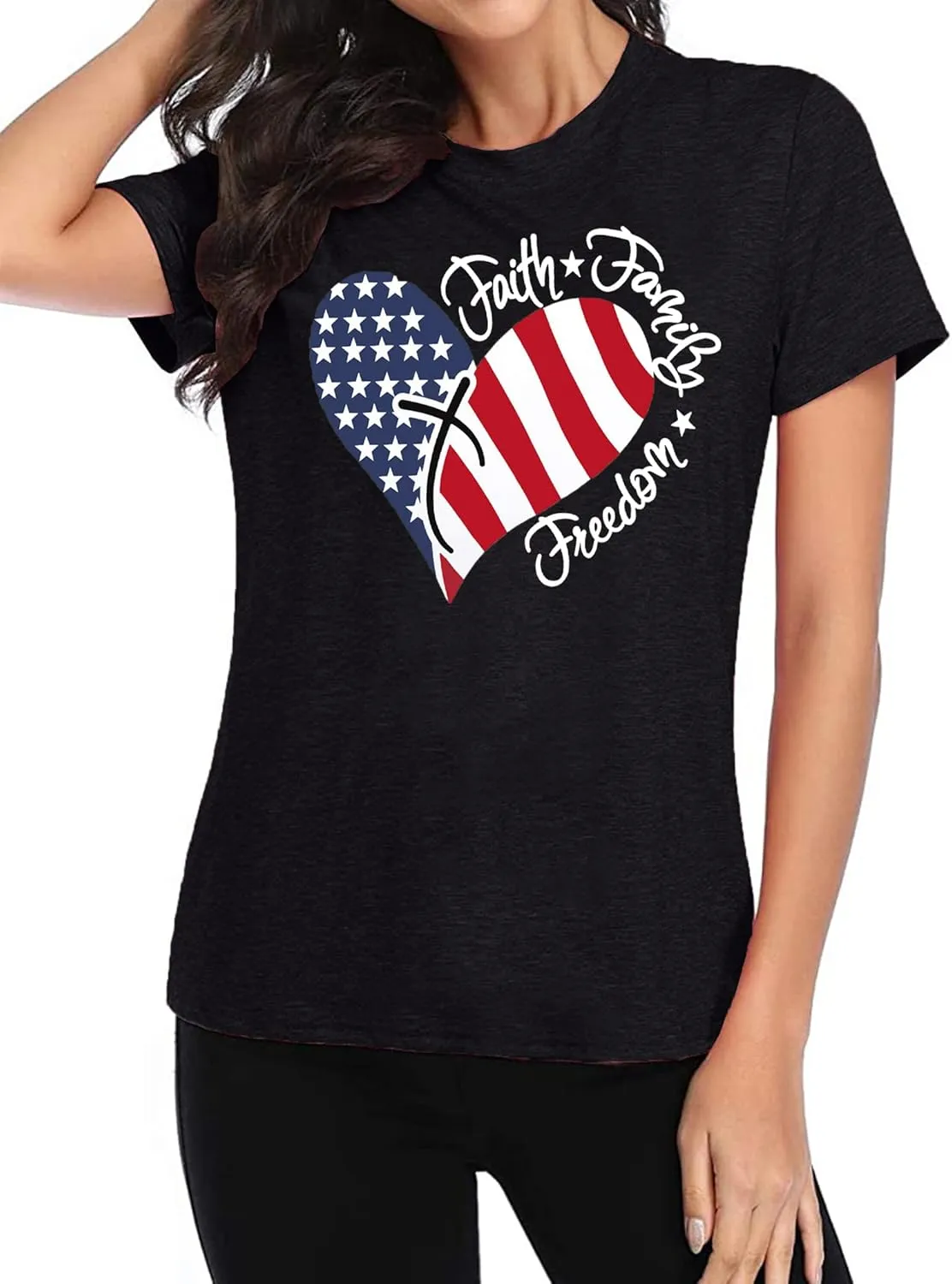 VVNTY American Flag Heart Shirt Women Patriotic T-Shirt 4th of July Graphic Tees Shirts USA Flag Star Stripe Tops