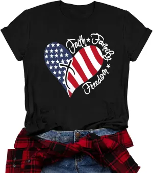 VVNTY American Flag Heart Shirt Women Patriotic T-Shirt 4th of July Graphic Tees Shirts USA Flag Star Stripe Tops