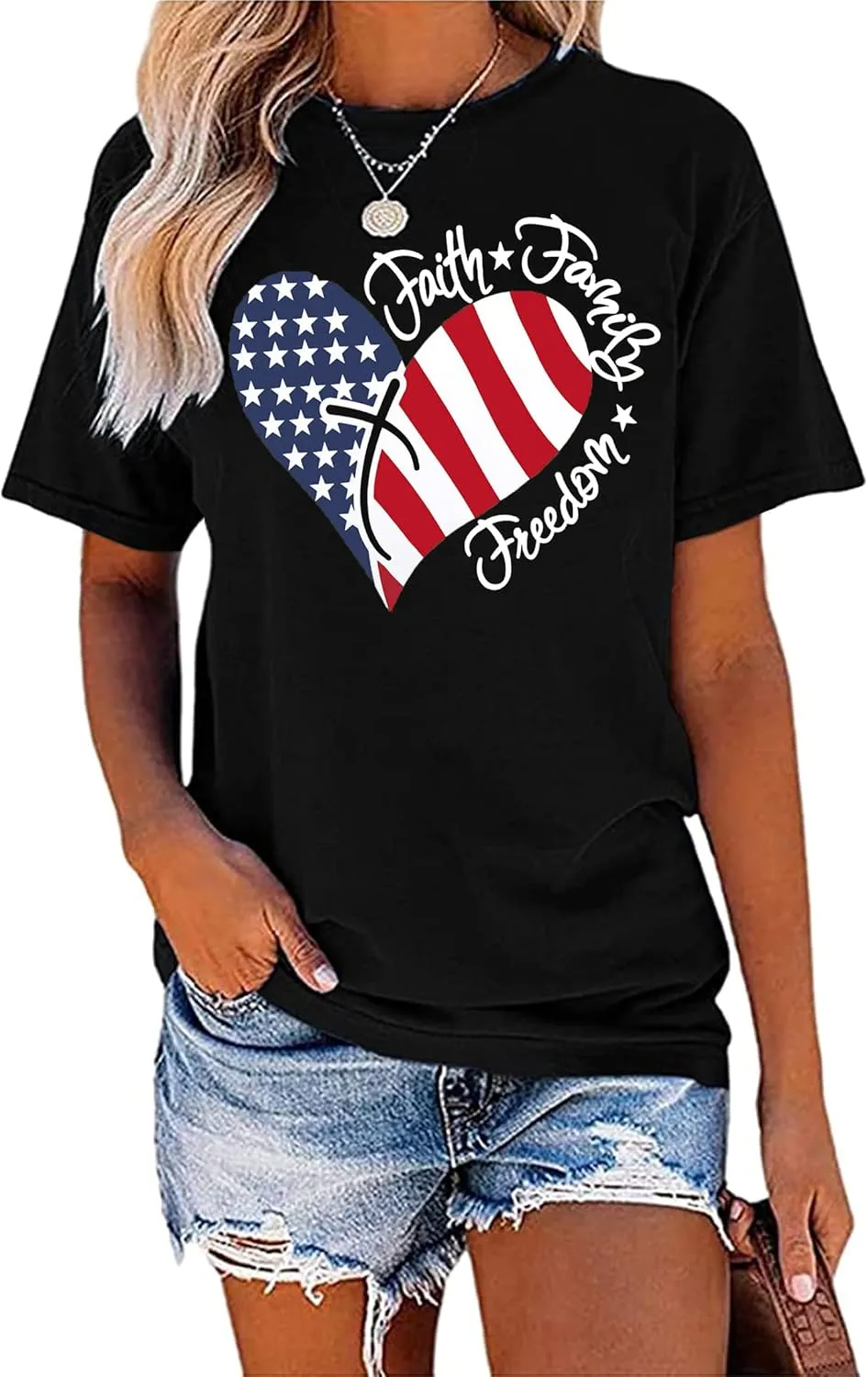 VVNTY American Flag Heart Shirt Women Patriotic T-Shirt 4th of July Graphic Tees Shirts USA Flag Star Stripe Tops