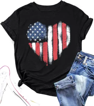 VVNTY American Flag Heart Shirt Women Patriotic T-Shirt 4th of July Graphic Tees Shirts USA Flag Star Stripe Tops