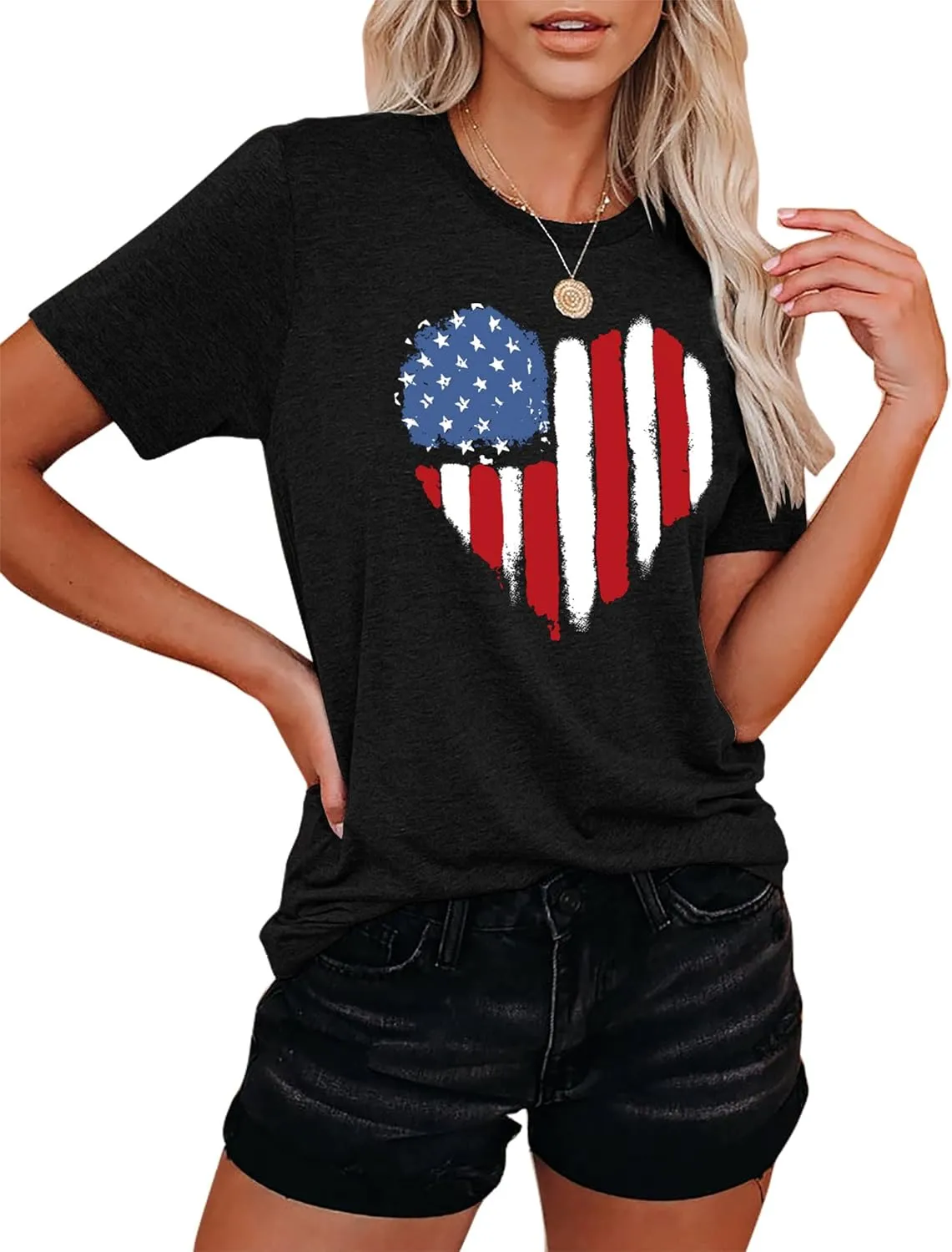 VVNTY American Flag Heart Shirt Women Patriotic T-Shirt 4th of July Graphic Tees Shirts USA Flag Star Stripe Tops