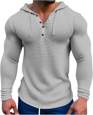 Waffle Hoodie Men Long Sleeve Polo Hoodies Texture Knit Hooded Sweatshirt Gym Muscle Fit T Shirts Workout Pullover Tops