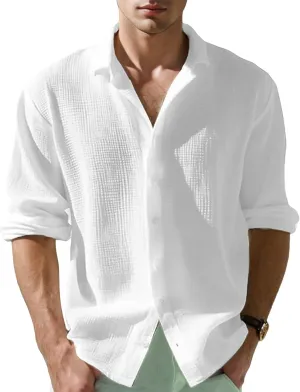 Waffle Knit Long Sleeve Button Down Shirt Men Summer Casual Beach Shirts Dressy Textured Wrinkle-Free Untucked Tops
