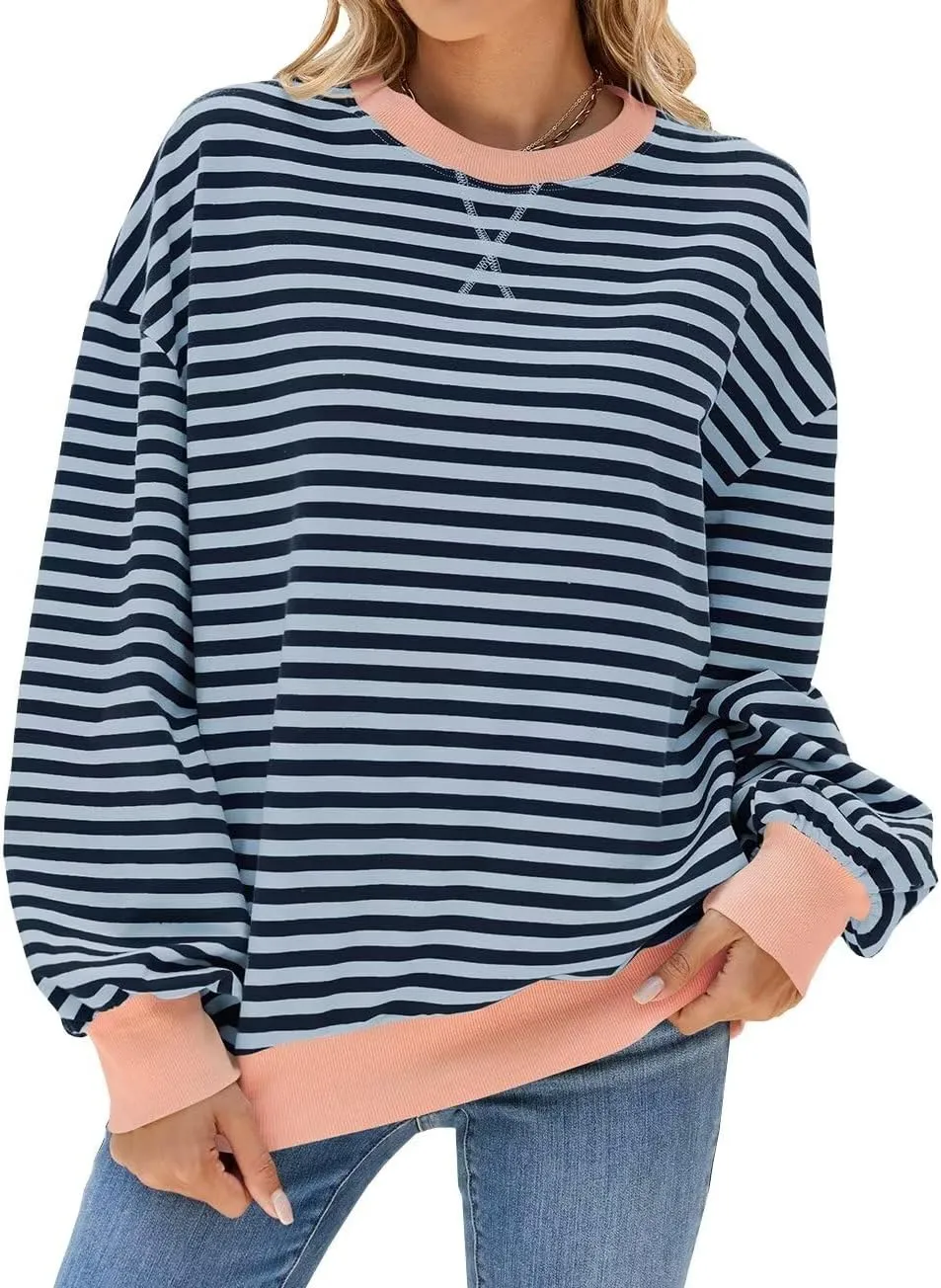 WELINCO Womens Oversized Striped Color Block Sweatshirts Long Sleeve Crewneck Casual Loose Fitting Pullovers Tops Shirts
