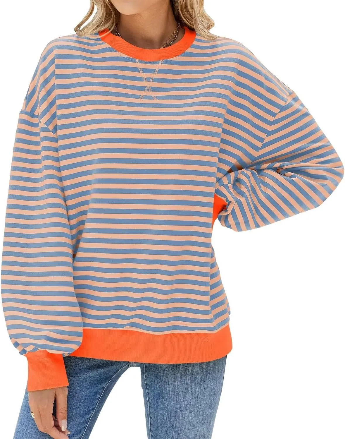 WELINCO Womens Oversized Striped Color Block Sweatshirts Long Sleeve Crewneck Casual Loose Fitting Pullovers Tops Shirts