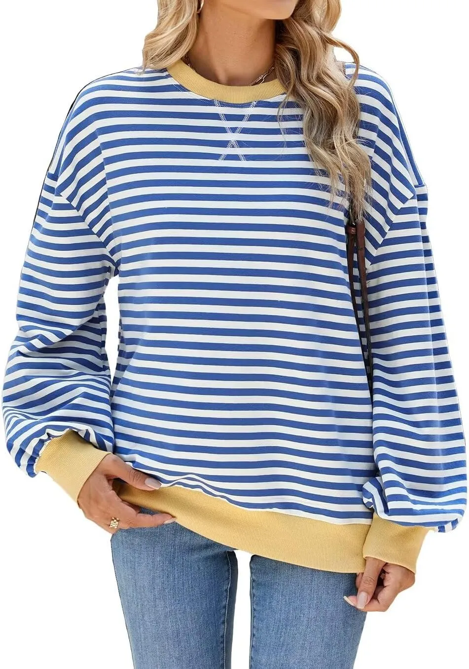 WELINCO Womens Oversized Striped Color Block Sweatshirts Long Sleeve Crewneck Casual Loose Fitting Pullovers Tops Shirts
