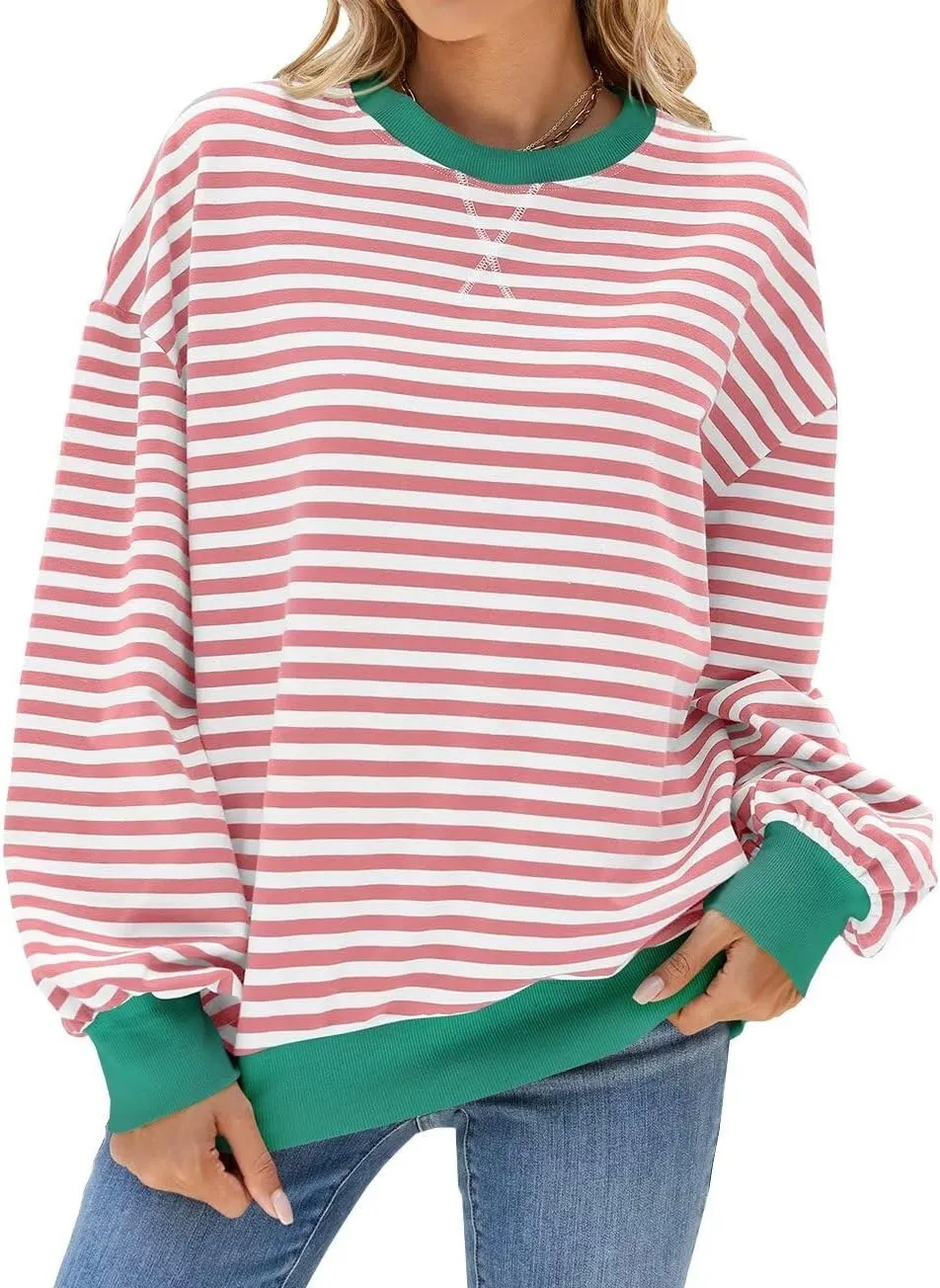 WELINCO Womens Oversized Striped Color Block Sweatshirts Long Sleeve Crewneck Casual Loose Fitting Pullovers Tops Shirts