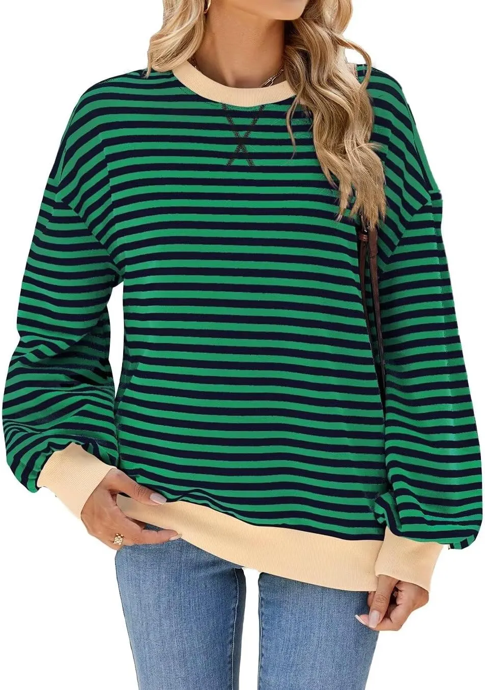WELINCO Womens Oversized Striped Color Block Sweatshirts Long Sleeve Crewneck Casual Loose Fitting Pullovers Tops Shirts
